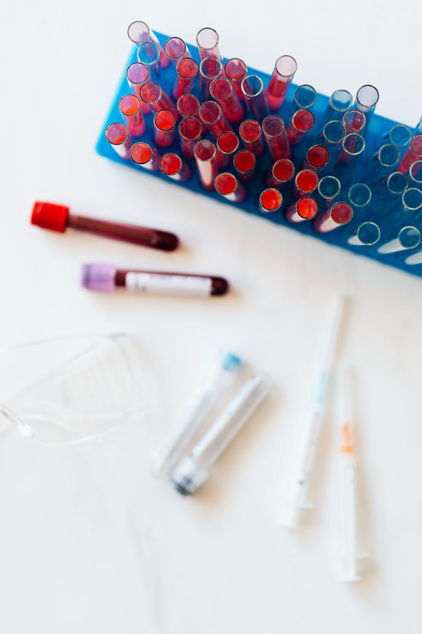 assorted various equipment for tacking and checking blood from vein